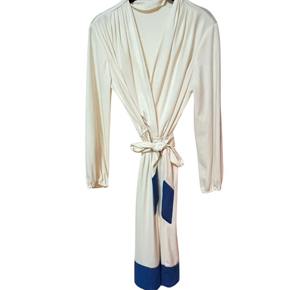 Vintage Dress Midi Long Sleeve Cream Blue Color Block Waist Tie V-Neck 70s Small
